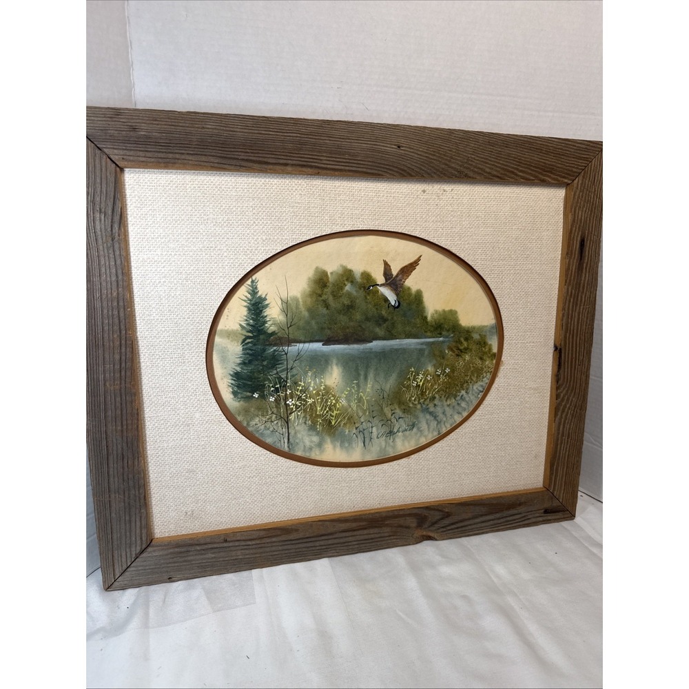 Vintage Signed Goose Original Painting Woodland Lake Scene Hunting Rustic Decor